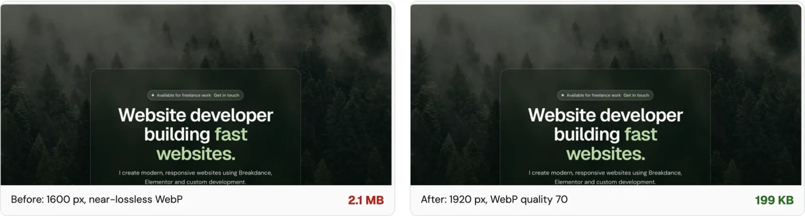 The homepage hero before and after recompressing its background image; the two look identical